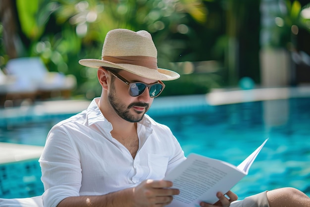 Homem elegante lendo à beira da piscina em um cenário tropical