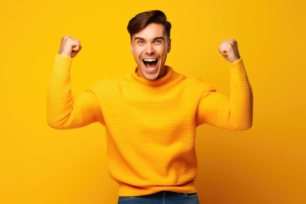 Homem elegante saltando de alegria no estúdio amarelo