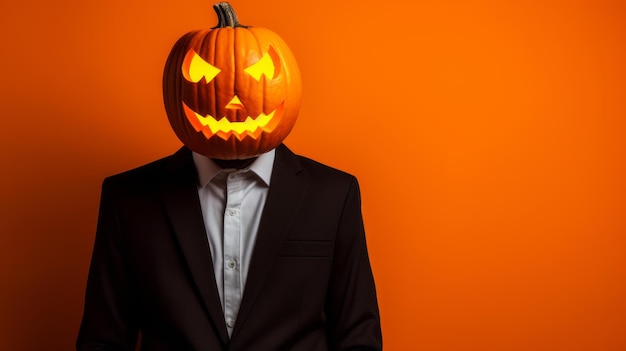 Homem elegantemente vestido com uma abóbora de Halloween brilhante em vez de uma cabeça Medo de terror de festa