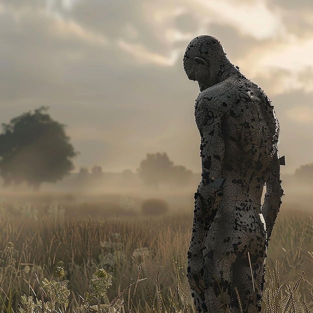 Homem em 3D nos campos mostrando tristeza