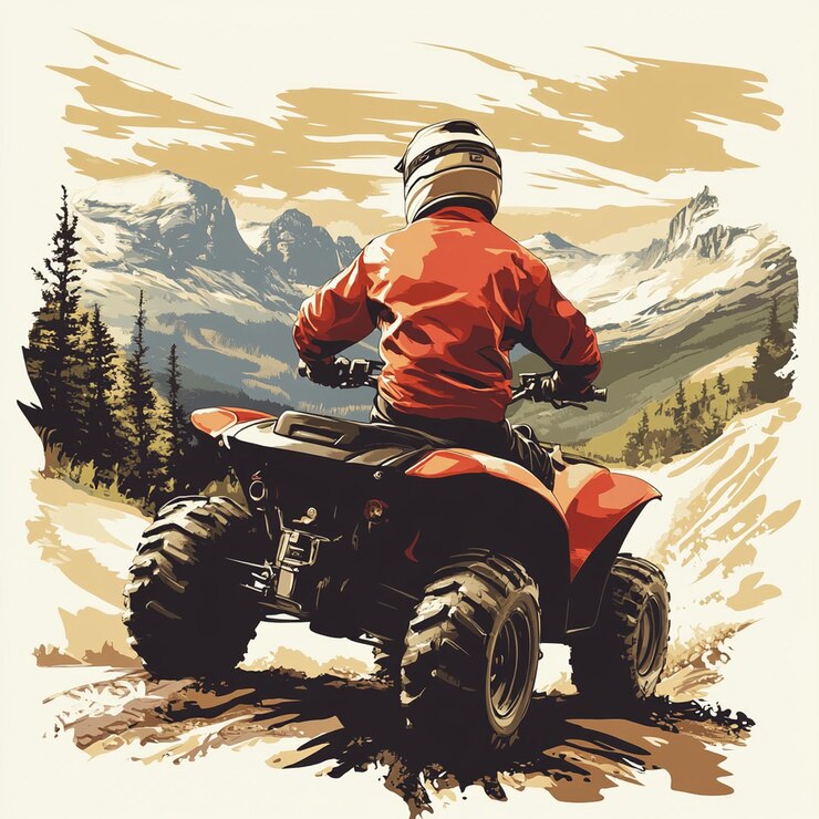 Foto homem em bicicleta quad conduzindo piloto de corrida off-road bicicleta quad para corrida em áreas montanhosas o motorista de atv olhou em volta homem participa de corrida de atv homem em quad na bela natureza