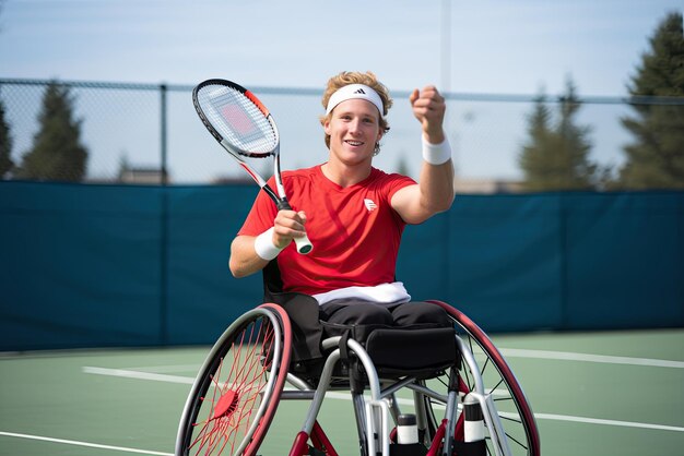Foto homem em cadeira de rodas comemorando que conseguiu um ponto jogando tênis