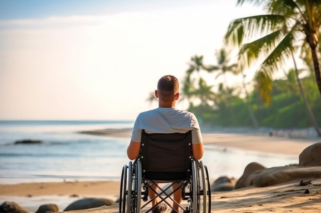 Homem em cadeira de rodas contemplando a vista do oceano