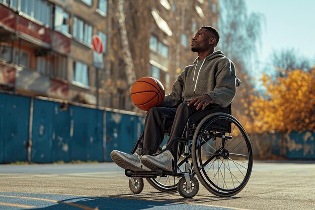 Foto homem em cadeira de rodas em uma quadra de basquete ao ar livre jogando basquete generative ai