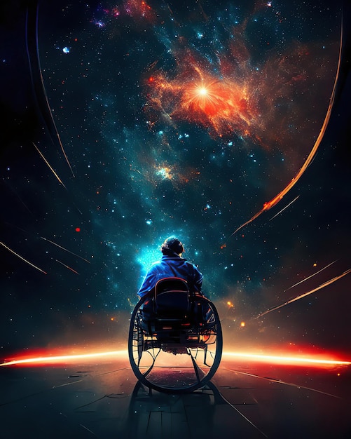 homem em cadeira de rodas esperança fundo nuvens galáxia colorida luz brilhante