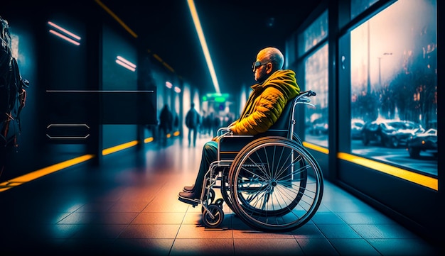 Homem em cadeira de rodas sentado no corredor com pessoas ao fundo IA generativa