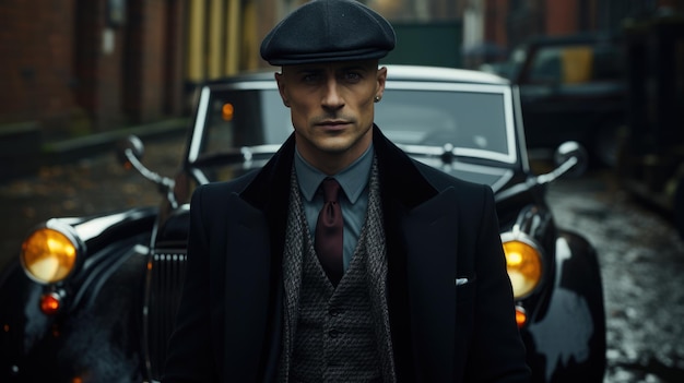 Homem em elegante terno retrô antiquado estilo gangue Peaky Blinders