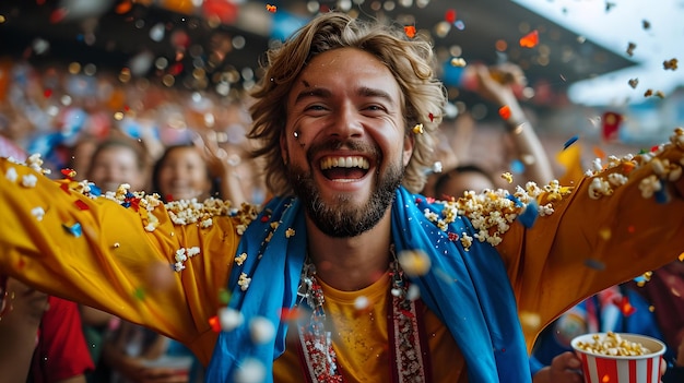 Homem em êxtase comemorando com os braços abertos em uma expressão alegre da multidão em um evento festivo, a vitória e a felicidade capturaram a IA