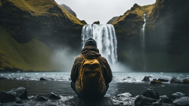 Homem em frente a uma cachoeira