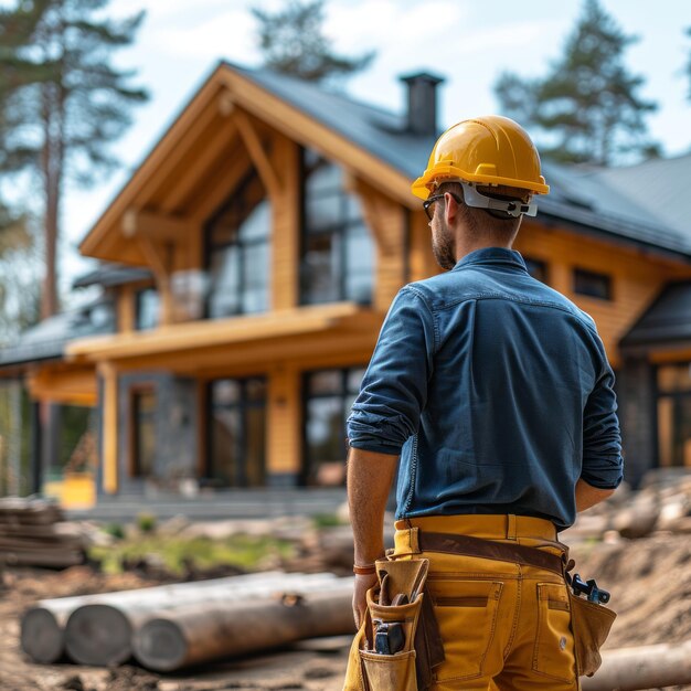 Homem em frente a uma casa em construção