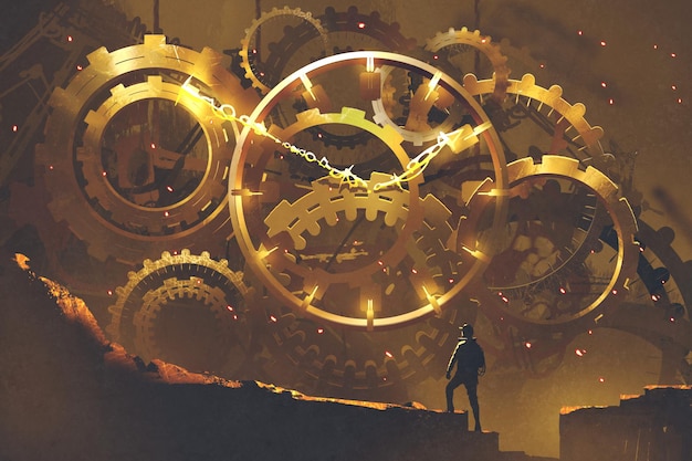 homem em frente ao grande mecanismo dourado, ilustração em pintura