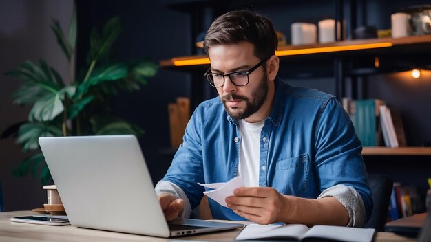 Foto homem em frente ao laptop lendo e concentrado