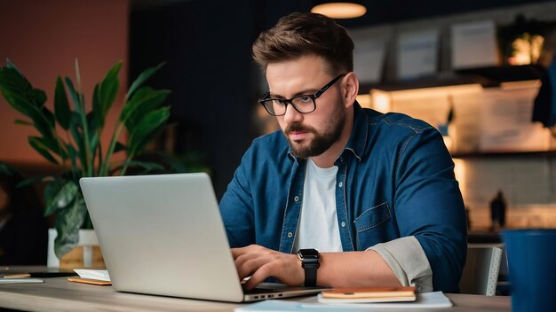 Homem em frente ao laptop lendo e concentrado