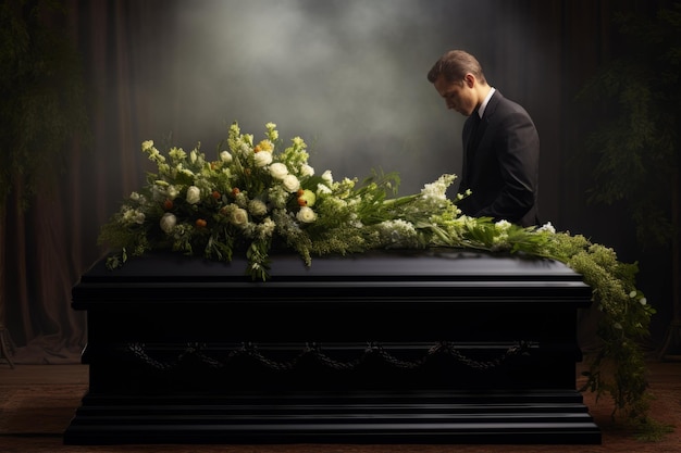 Homem em funeral perto do caixão bela ilustração imagem IA gerativa