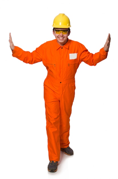 Foto homem, em, laranja, coveralls, isolado, branco