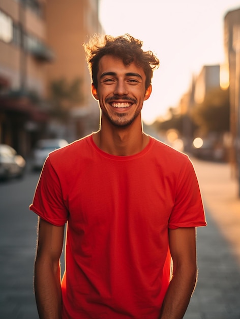 Homem em maquete de camiseta vermelha em branco