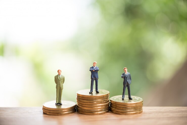 Homem em miniatura em pé em moedas