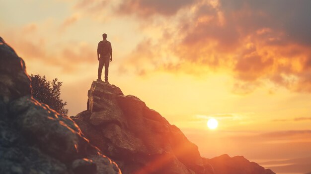 Homem em pé triunfante no cume de uma montanha enquanto o sol se põe no fundo mostrando uma vista deslumbrante