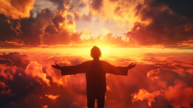 Homem em pé triunfante no cume de uma montanha enquanto o sol se põe no fundo mostrando uma vista deslumbrante