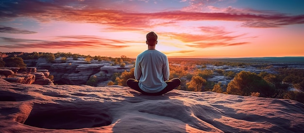 Homem em pose de ioga meditação zen ao pôr do sol