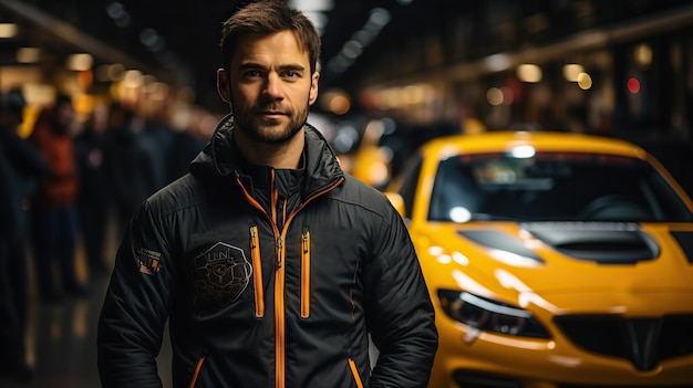 homem em roupas esportivas em pé na frente de um carro de corrida esportivo amarelo IA generativa