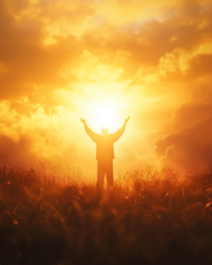 Foto homem em silhueta alcançando um radiante pôr-do-sol