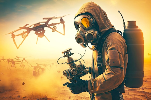 Homem em traje de proteção com máscara de gás examinando processo industrial com drone tecnologia contemporânea c