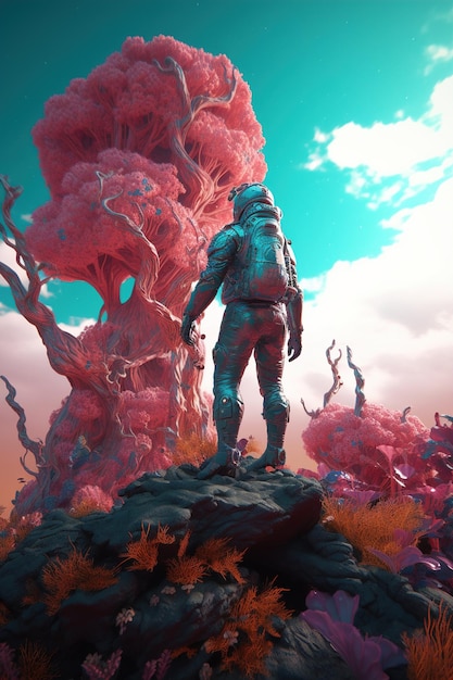 Homem em traje espacial olhando para árvore rosa de outro planeta