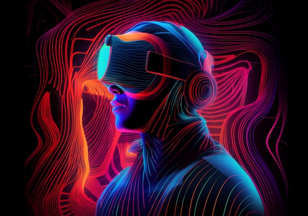 Homem em um fone de ouvido de realidade virtual e com linhas de neon brilhantes geradas por Ai