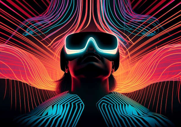 Homem em um fone de ouvido de realidade virtual e com linhas de neon brilhantes geradas por Ai