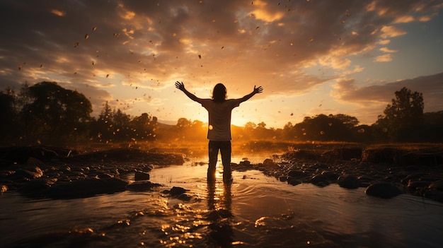 homem em um fundo de pôr-do-sol com um belo pôr- do-sol