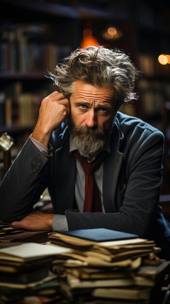 Homem em uma biblioteca sentado em sua mesa com um livro aberto