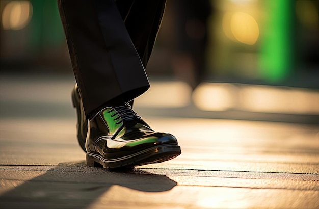 homem em uma calçada andando em sua roupa preta com sapatos reflexivos no estilo escuro