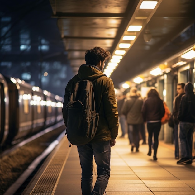 Homem em uma estação de trem à noite