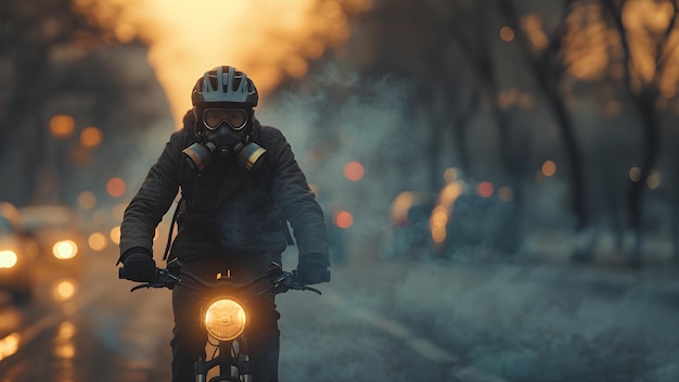 Homem em uma motocicleta usa máscara de gás em uma cidade cheia de fumaça Transmite preocupações de saúde e ambientais em uma sociedade que tem problemas com a poluição do ar, onde são liberados tóxicos das atividades industriais