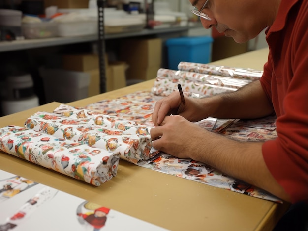 Foto homem embrulhando presentes com papel de embrulho com tema de feriado