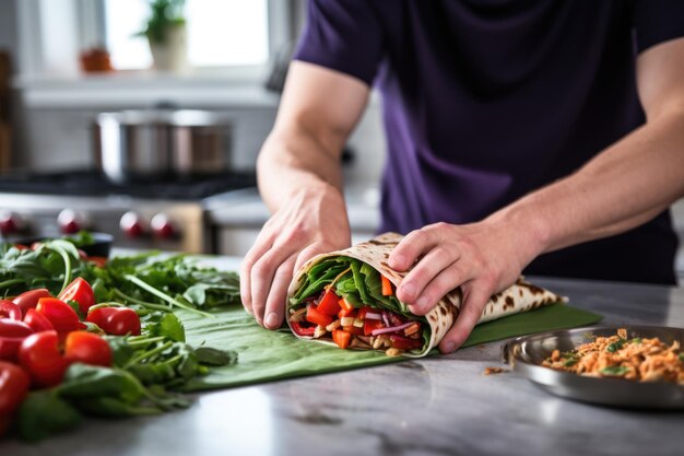 Homem embrulhando vegetais de churrasco numa tortilha