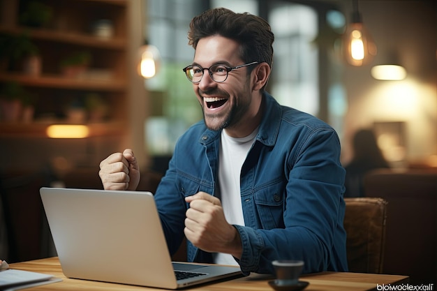 Foto homem emocionado comemorando notícias um homem feliz senta-se em sua cozinha olhando para a tela de seu laptop com excitação gerado com ia