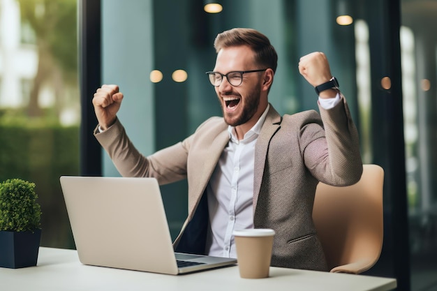 Homem emocionante mão para cima enquanto usa laptop