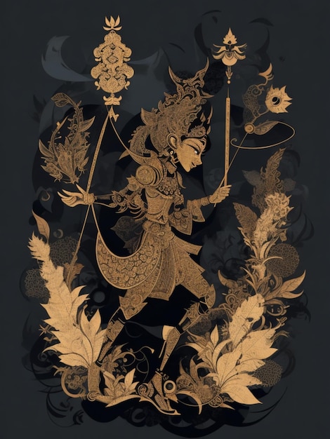Homem empunhando uma espada em ilustração preta e dourada