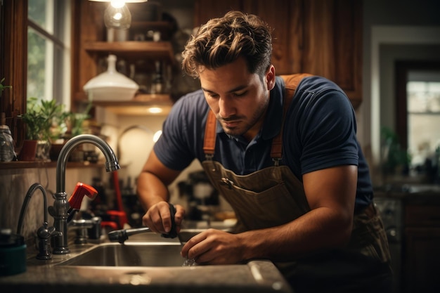 Foto homem encanador reparador e manutenção de tubos na pia da cozinha