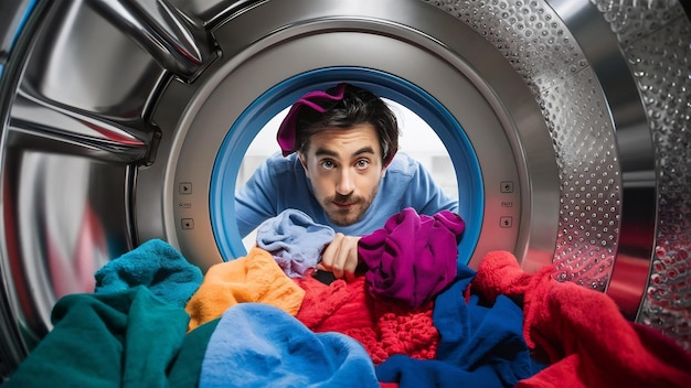 Homem enfiando a cabeça através de roupa multicolorida posa através do tambor da máquina de lavar com uma garrafa de dete