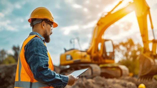 Homem engenheiro vestindo capacete de proteção olhar para o tablet no local de construção espaço de cópia