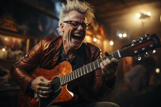 homem engraçado tocando violão e cantando música