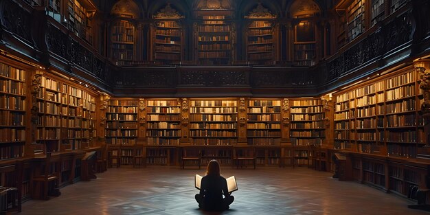 Homem engrossado num livro cativado pelo conhecimento na serenidade biblioteca conceito leitura conhecimento biblioteca serenidade concentração