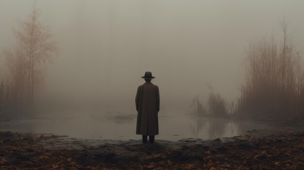 Homem enigmático de pé no nevoeiro castanho elegância arenosa num pântano fantasmal