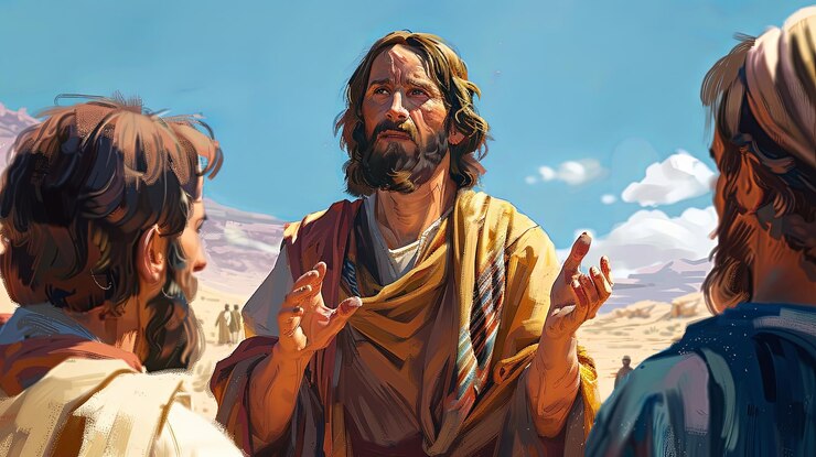 Foto homem ensinando no deserto a uma pequena audiência