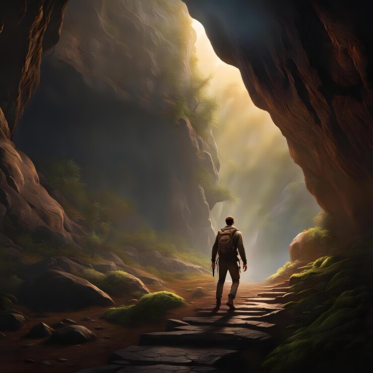 Foto homem entrando na caverna