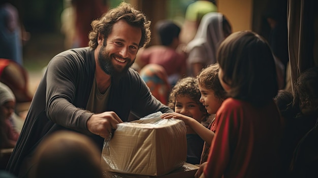 Foto homem entrega saco de comida para menina gesto gentil de ajudar a nutrir uma criança