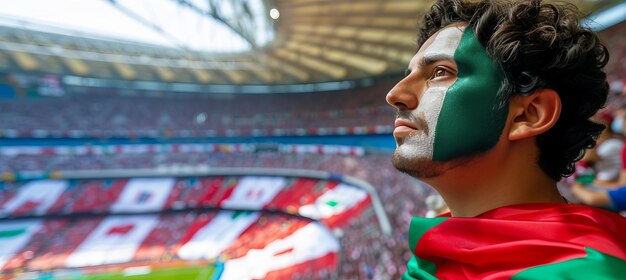 Foto homem entusiasmado com bandeira italiana rosto pintado aplaudindo fundo borrado do estádio amplo espaço de texto